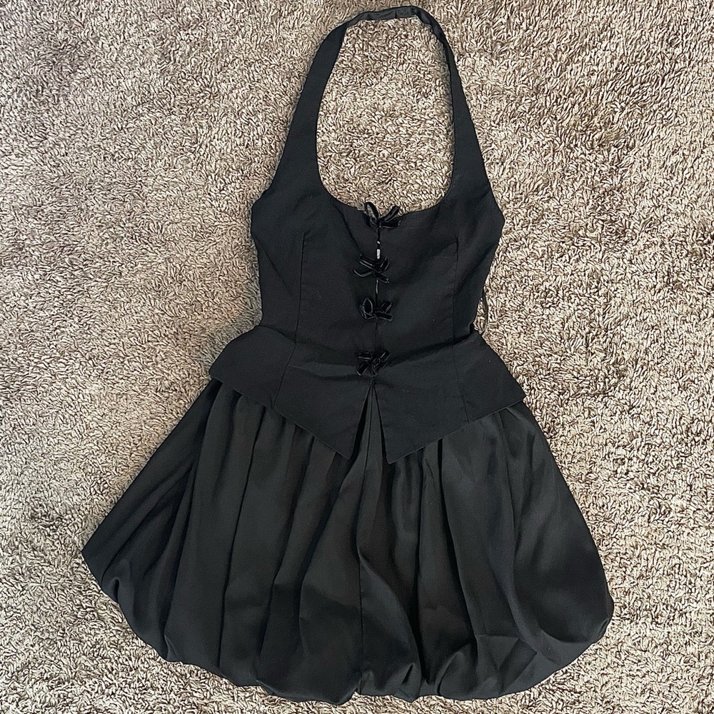 ZARA Mini Bubble Halter Dress Black Small Bow Tunic NWOT